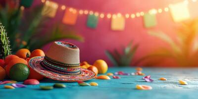 Colorful sombrero surrounded by fruits and petals on a vibrant blue table at a festive celebration photo
