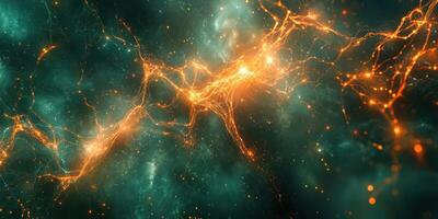 Dynamic patterns of energy and light form an abstract cosmic landscape in vibrant colors photo