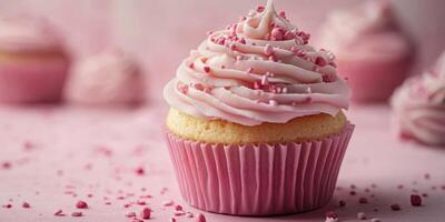 Freshly baked cupcake with pink frosting and sprinkles on a pastel backdrop during a baking event photo
