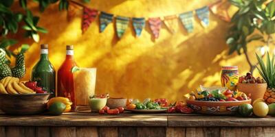 Colorful fruit and beverage display at a festive gathering with a vibrant backdrop and decorations photo