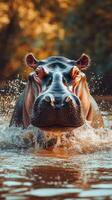 Hippo splashing through water in the early evening light showcasing powerful presence and natural habitat photo