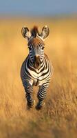 Young zebra runs across golden grassland during a bright day in natural habitat photo
