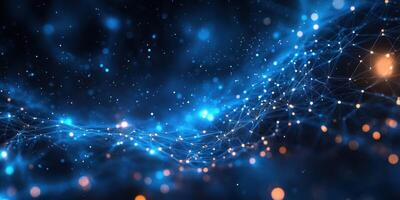 Colorful abstract digital landscape of lines and glowing dots in blue and orange tones depicting connectivity and technology photo