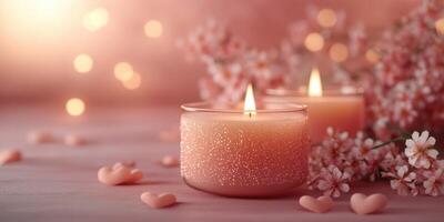 Candles glow softly beside delicate flowers in a cozy atmosphere during an evening gathering photo