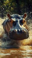 Hippo splashes through water in a dynamic display of power and agility in the river during golden hour photo
