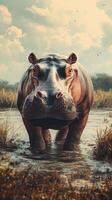 Large hippopotamus emerging from water in a natural habitat during golden hour photo