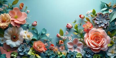 Colorful floral arrangement with various blooms and succulents against a soft blue background photo