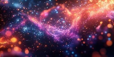 Colorful cosmic particles swirling in a vibrant nebula in deep space at nighttime photo