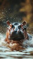 Hippo emerging from water during sunset, splashes and droplets reflecting the warm light in a natural habitat photo