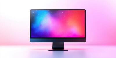 Vibrant computer monitor displaying colorful abstract design with gradient effects in modern workspace setup photo