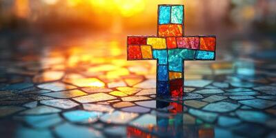 Colorful stained glass cross stands on a mosaic surface as sunlight creates a warm atmosphere during sunset photo