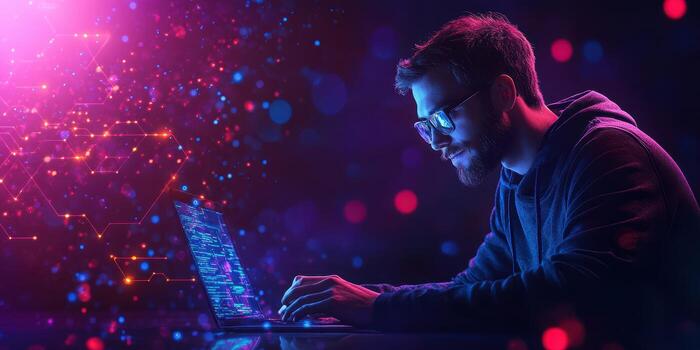 Tech enthusiast coding in a dark room illuminated by colorful abstract lights during the night photo