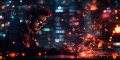 Focused programmer working late at night in a modern office with glowing screens and digital effects photo
