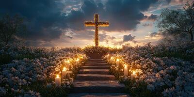 Memorial tribute with candles and flowers at a cross during sunset in a serene garden photo