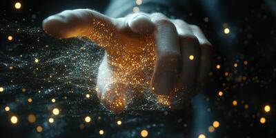 Hand reaching towards glowing particles in a futuristic environment during a creative exploration of technology photo