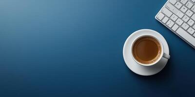 Moment of focus with coffee and keyboard in a calm workspace setting during the morning photo