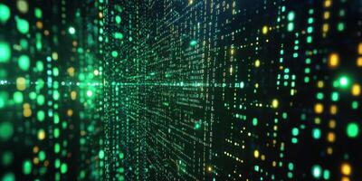 Digital matrix visualizes green and yellow binary code in a futuristic data environment photo