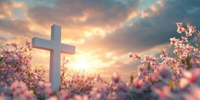Cross amidst blooming flowers at sunset creates a serene and reflective atmosphere in a peaceful setting photo