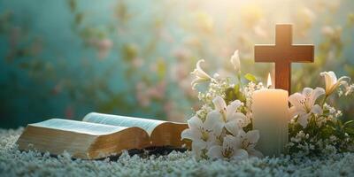 Soft light illuminates a Bible, a cross, flowers, and a candle in a serene setting of spiritual reflection photo