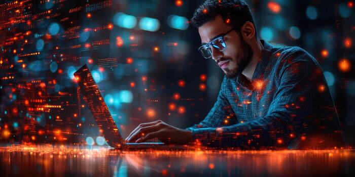 Tech professional working intently on laptop in modern office at night with vibrant digital elements surrounding him photo