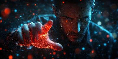 Man controls glowing particles with outstretched hand in a dark, futuristic setting photo