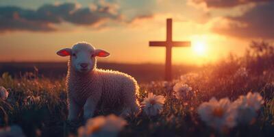 Lamb stands gracefully in a field of flowers at sunset near a cross in a serene landscape photo
