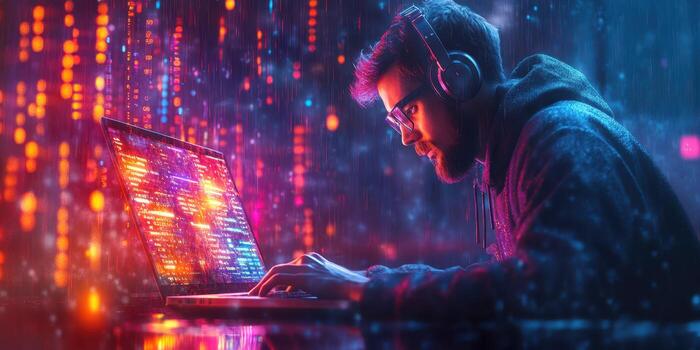 Young man working late at night on a laptop with vibrant digital patterns glowing in a dark room photo