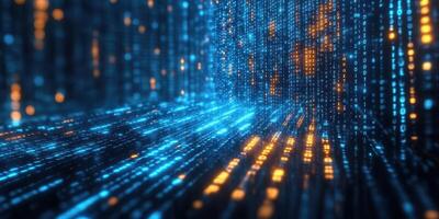 Colorful binary matrix streaming through a digital corridor, representing data and technology in a futuristic setting photo