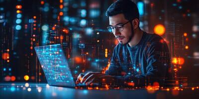 Young man working on laptop in a modern workspace surrounded by digital data at night photo