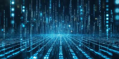Digital landscape with bright blue data streams flowing across a futuristic space photo