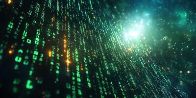 Digital matrix with glowing green binary code cascading in a futuristic environment during nighttime photo
