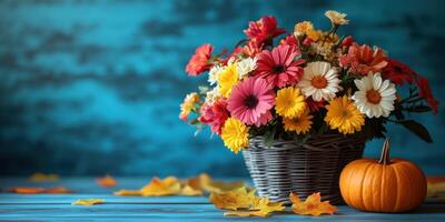 Colorful autumn flower arrangement in a basket with a pumpkin and fallen leaves on a wooden surface photo