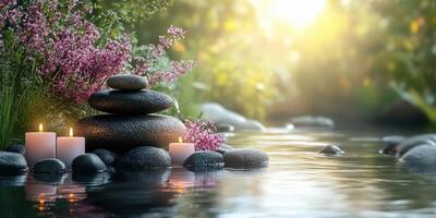 Relaxing river scene with stacked stones and candles in a serene natural setting during golden hour photo