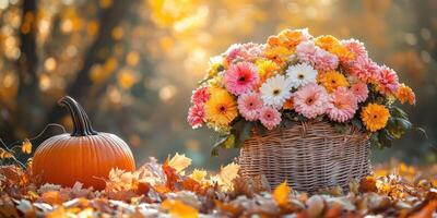 Colorful fall flowers and pumpkin arrangement in a bright autumn landscape photo