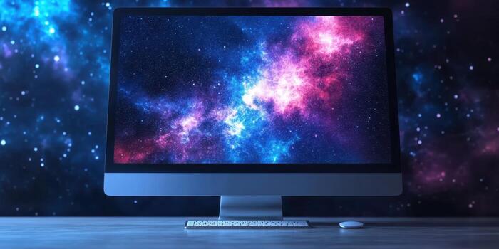 Vivid cosmic display on a computer monitor creating an immersive space experience in a dimly lit room photo