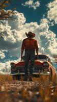 Cowboy stands beside vintage car under a dramatic sky in a wide-open field during golden hour photo