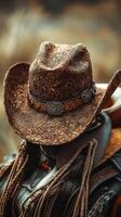 Detailed view of a traditional cowboy hat worn during a riding event in the countryside at sunrise photo