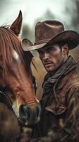 Cowboy poses with horse in a rustic setting, showcasing rugged style and connection with nature photo