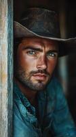 Close-up portrait of a rugged man in a cowboy hat with striking blue eyes near an old wooden structure photo