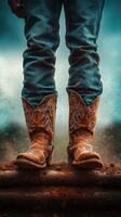 Texan cowboy boots emerge from dusty terrain as sunset casts a warm glow over the rugged landscape in the countryside photo