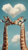 Giraffes share a tender moment under a heart-shaped cloud in a serene sky photo
