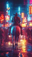 Cowboy riding a horse through a neon-lit street in the rain at night photo