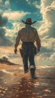 Cowboy walks along the shoreline at sunset, reflecting on the day's adventures and the beauty of nature photo