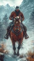 Cowboy rides horse through a snowy landscape in a mountainous region during winter photo
