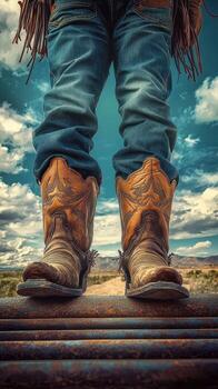 Rustic cowboy boots stand on a rail at a scenic location under a dramatic sky with clouds photo