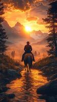 Horse rider enjoys sunset reflections in a serene mountainous landscape with trees and a flowing river photo