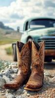 Vintage cowboy boots in the foreground with an old pickup truck in the background on a rural road under a cloudy sky photo