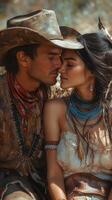 Romantic moment between a cowboy and a Native American woman outdoors during golden hour photo