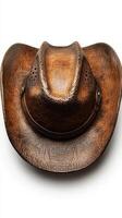 Brown leather cowboy hat displayed on a white surface showcasing intricate craftsmanship and weathered texture photo