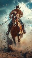 Cowboy riding a brown horse through dusty terrain on a bright day, showcasing speed and agility photo